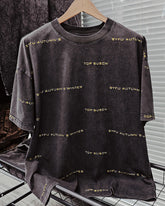 M-XL Street Fashion Black Yellow Old Burned Flower Letter Printing Round Neck Short Sleeve T-Shirt